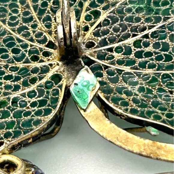 Vintage Art Deco Spider Brooch Green Leaf Flower 800 Silver Gold-tone Wash - Picture 14 of 16
